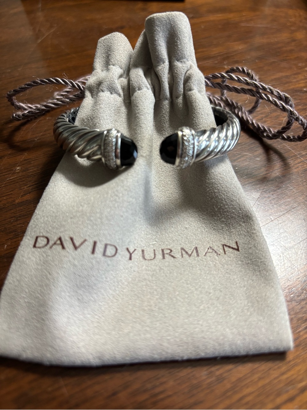 David Yurman Sterling Silver Cable Cuff hinged with Black Onyx and pave diamonds